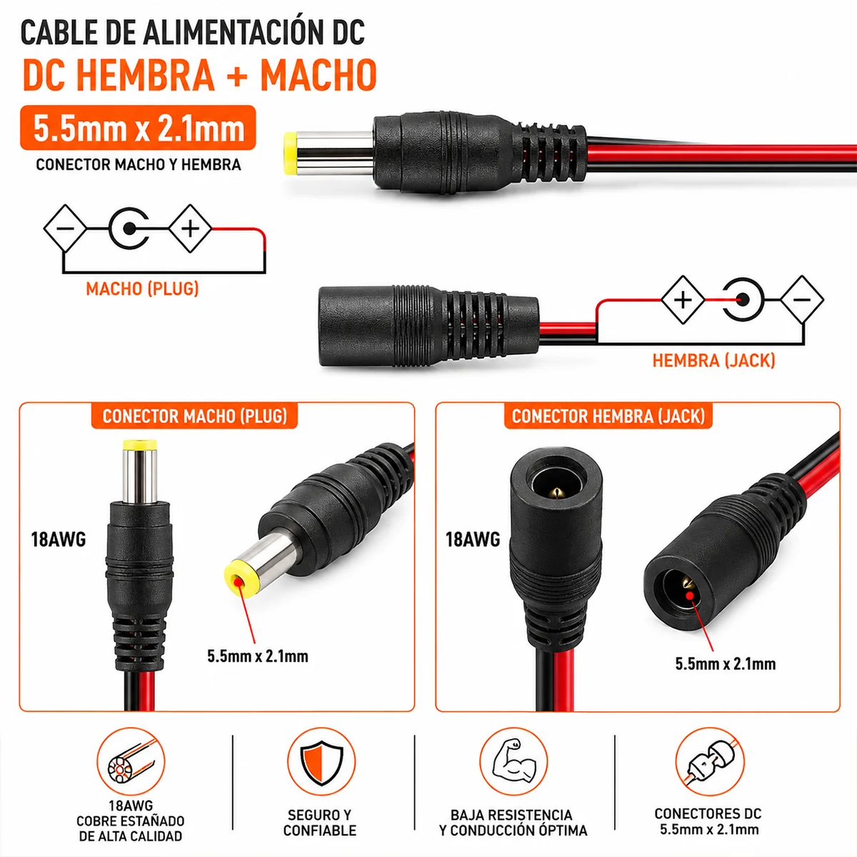 Cable DC Macho y Hembra 18 AWG 295 mm - Imagen 3
