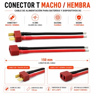 Conector T Macho y Hembra con Cable de Silicona 14 AWG 150 mm