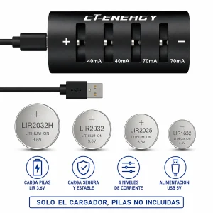 CT-Energy Cargador USB para baterías LIR2032, LIR2025 y LIR1632 (4 ranuras)