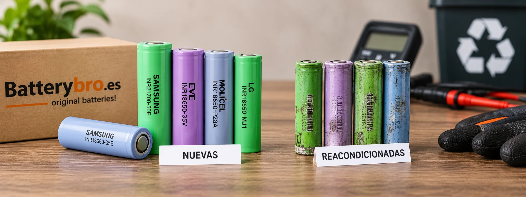 Comparativa visual entre celdas de litio nuevas y celdas reacondicionadas para segunda vida