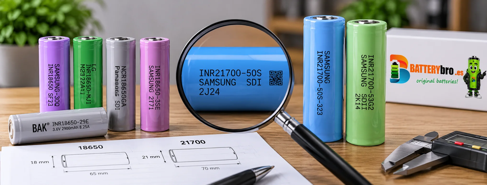 Celdas 18650 y 21700 con referencias y códigos de identificación