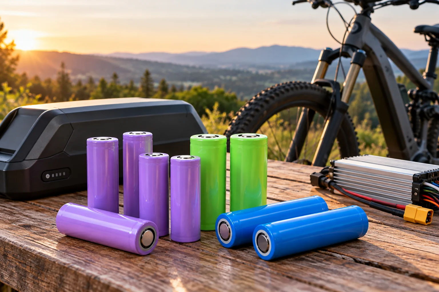Celdas de litio 18650 y 21700 junto a una batería y una bicicleta eléctrica.