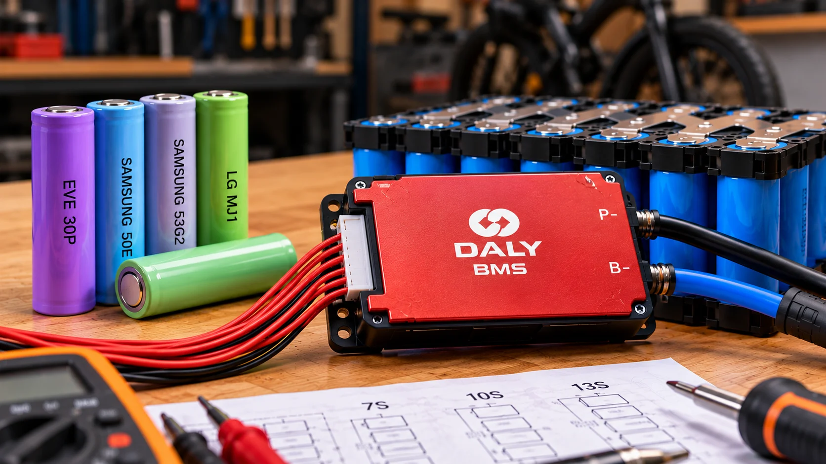 BMS DALY junto a celdas de litio 18650 y 21700 EVE, Samsung y LG sobre una mesa de trabajo.