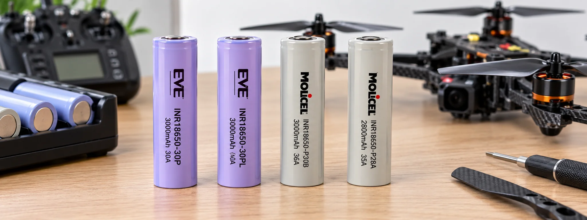 EVE 30P y 30PL junto a celdas Molicel 18650 para drones